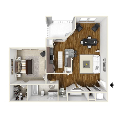 Floor plan for 1 bed, 1 bath, 768 sqft